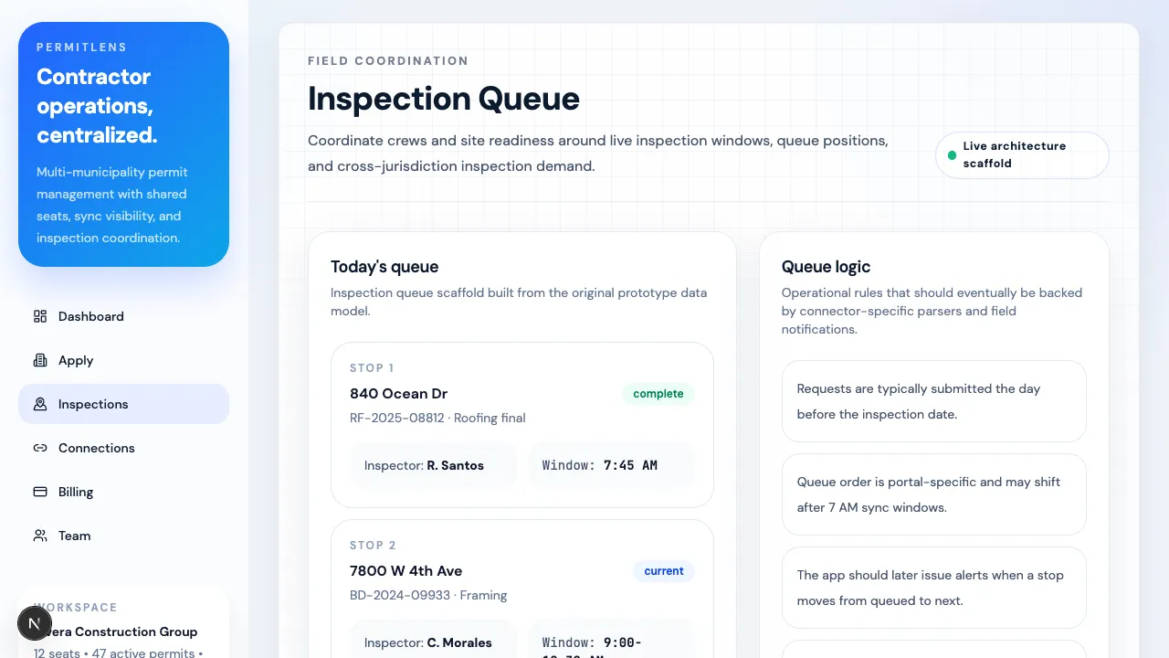 Inspection Queue screen from the PermitLens app.
